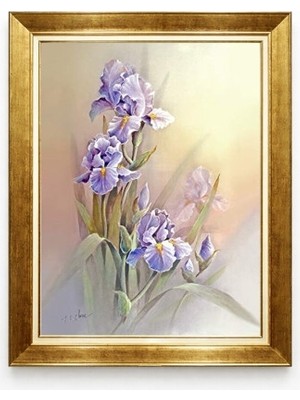 Tablore Klasik Mor Iris Çiçeği Yağlıboya Görünümlü Kanvas Tablo Lüks Altın Çerçeveli Duvar Tablosu