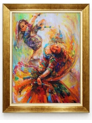 Tablore Renkli Yağlı Boya Dokulu Dans Eden Kadınlar Lüks Gold Çerçeveli Kanvas Tablo