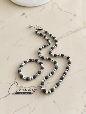 Crazy Takı Tasarım 8 mm Dalmaçyalı Jasper & Lava Doğaltaş 70-80 cm Uzun Erkek Kolyesi (Bileklik Hediyeli)