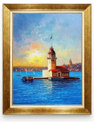 Tablore Altın Çerçeveli Istanbul Kız Kulesi Manzaralı Yağlı Boya Görünümlü Duvar Tablosu