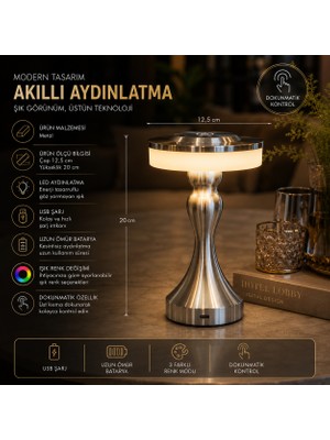 İki Yedi Konsept Karyatid Gümüş Krom Akıllı Masa Lambası Şarjlı Kablosuz Dokunmatik Kafe Otel Ofis Tip Dekoratif LED