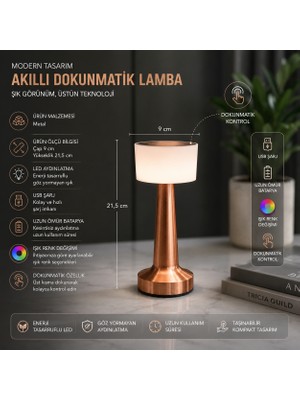 İki Yedi Konsept Konikra Bronz Bakır Kablosuz Masa Lambası Dokunmatik Şarjlı LED Masaüstü Aydınlatma Hediyelik Ofis