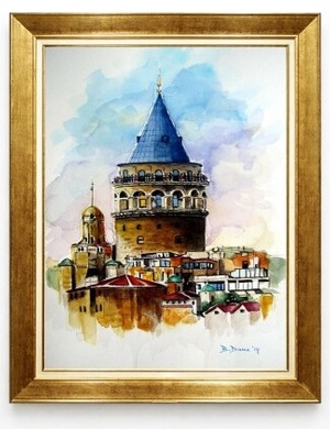 Tablore Istanbul Galata Kulesi Sulu Boya Tasarım Gold Çerçeveli Estetik Kanvas Tablo