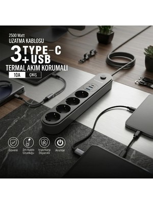 Genel Tedarik Termal Akım Korumalı 4 Prizli USB Girişli Uzatma Kablosu