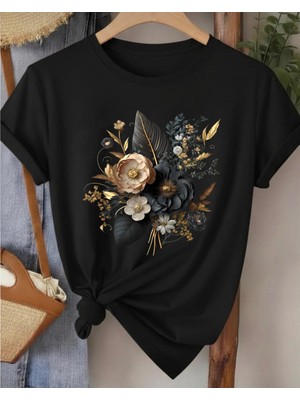 Nigrum Pardus Nıgrum Pardus Yeni Sezon Black Flower Bouquet Baskılı %100 Pamuk Büyük Beden Kadın T-Shirt