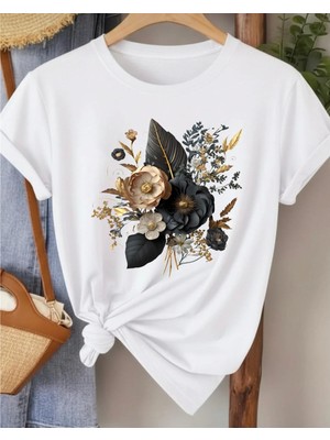 Nigrum Pardus Nıgrum Pardus Yeni Sezon Black Flower Bouquet Baskılı %100 Pamuk Büyük Beden Kadın T-Shirt