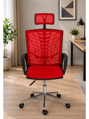 Ofiscore Ergonomik Fileli Ofis Koltuğu Başlıklı Çalışma Koltuğu Kırmızı Yönetici Koltuğu Bilgisayar Sandalyesi Sekreter Koltuğu