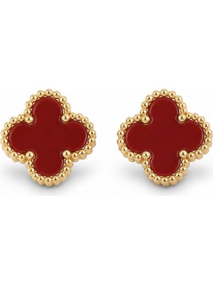 Serelya Pirinç Gold Renk Bordo Yonca Model Kadın Küpe