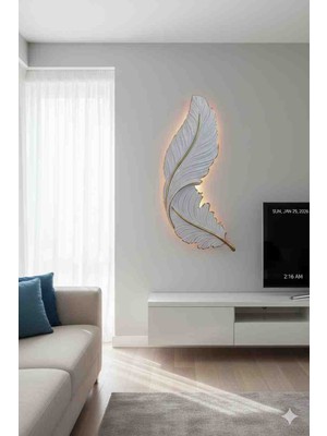 Kuş Tüyü Beyaz Gold Damarlı Duvar Dekoru 67X28 cm 3 Renk Led’li