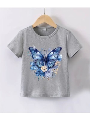 Nigrum Pardus Nıgrum Pardus Yuvarlak Yaka Mavi Kelebek Baskılı Kız Çocuk Yeni Sezon T-Shirt