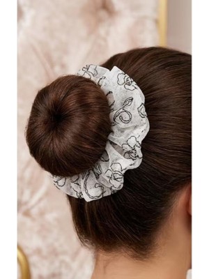 Bodrum Asel Çiçek Nakışlı Tül Scrunchie Toka - Zarif Topuz Aksesuarı