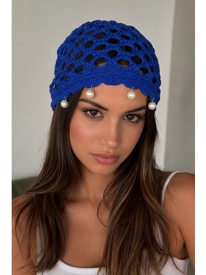 Kokoş Lacivert Renk Inci Detaylı Örgü Saç Bandana
