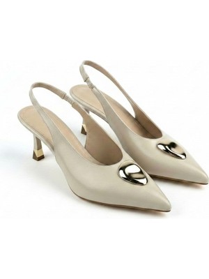Meril Shoes Kadın Sivri Burun Gold Tokalı Slingback Topuklu Ayakkabı