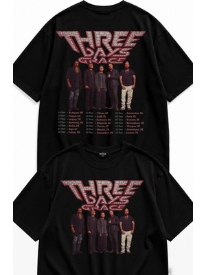 Fuddy Moda Unisex Three Days Grace Tour Sırt Baskılı Bisiklet Yaka Tişört, Oversize Rock Band Temalı Tshirt