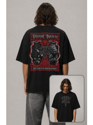 Fuddy Moda Unisex Bullet For My Valentine x Trivium Sırt Baskılı Tişört, Oversize Rock Band Temalı Tshirt