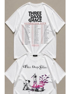 Fuddy Moda Unisex Three Days Grace Sırt Baskılı Bisiklet Yaka Tişört, Oversize Rock Band Temalı Tshirt