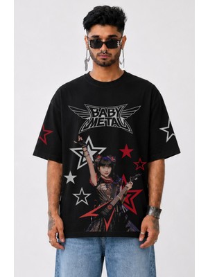 Fuddy Moda Unisex Babymetal Star Kol Baskılı Bisiklet Yaka Tişört, Oversize Rock Band Temalı Tshirt