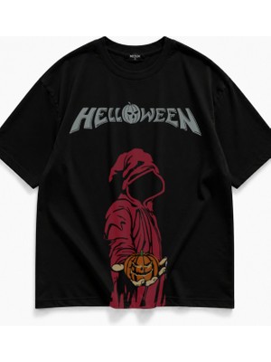 Fuddy Moda Unisex Oversize Rock Band Helloween Pumpkin Baskılı Bisiklet Yaka Tişört