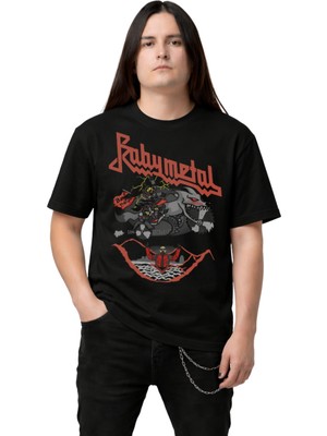 Fuddy Moda Unisex Babymetal Cartoon Style Baskılı Bisiklet Yaka Tişört, Oversize Rock Band Temalı Tshirt