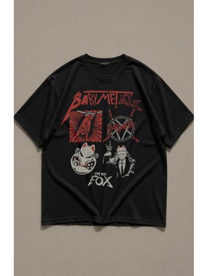 Fuddy Moda Unisex Babymetal The Big Fox Baskılı Bisiklet Yaka Tişört, Oversize Rock Band Temalı Tshirt