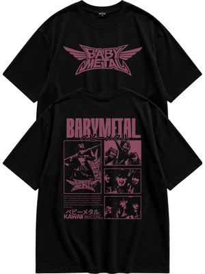 Fuddy Moda Unisex Babymetal Kawaii Metal Sırt Baskılı Bisiklet Yaka Tişört, Oversize Rock Band Temalı Tshirt