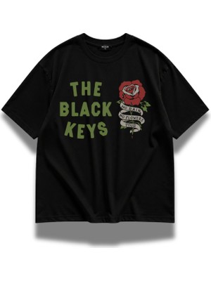 Fuddy Moda Unisex The Black Keys Rose Baskılı Bisiklet Yaka Tişört, Oversize Rock Band Temalı Tshirt