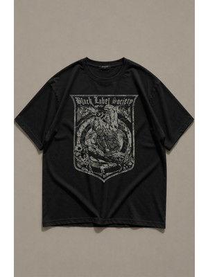 Fuddy Moda Unisex Black Label Society Vintage Baskılı Bisiklet Yaka Tişört, Oversize Rock Band Temalı Tshirt