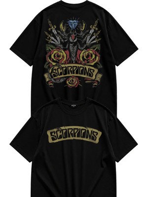 Fuddy Moda Unisex Scorpions Vintage Sırt Baskılı Bisiklet Yaka Tişört, Oversize Rock Band Temalı Tshirt