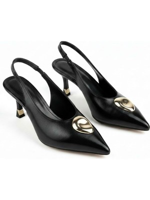 Meril Shoes Kadın Sivri Burun Gold Tokalı Slingback Topuklu Ayakkabı