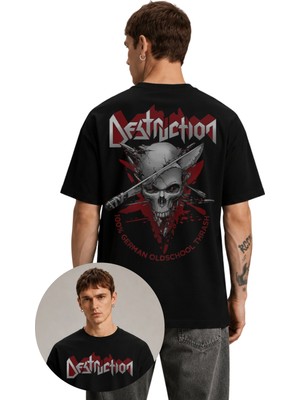 Fuddy Moda Unisex Destruction Sırt Baskılı Bisiklet Yaka Tişört, Oversize Rock Band Temalı Tshirt