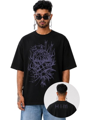 Fuddy Moda Unisex Oversize Rock Band Hım Ense Baskılı Bisiklet Yaka Tişört