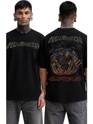 Fuddy Moda Unisex Helloween Sırt Baskılı Bisiklet Yaka Tişört, Oversize Rock Band Temalı Tshirt
