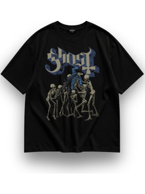 Fuddy Moda Unisex Ghost Skeletons Baskılı Bisiklet Yaka Tişört, Oversize Rock Band Temalı Tshirt
