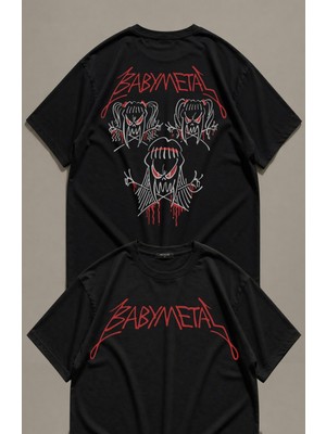 Fuddy Moda Unisex Babymetal Funny Sırt Baskılı Bisiklet Yaka Tişört, Oversize Rock Band Temalı Tshirt