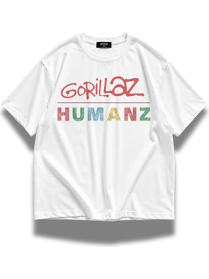 Fuddy Moda Unisex Gorillaz Humans Baskılı Bisiklet Yaka Tişört, Oversize Rock Band Temalı Tshirt