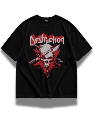 Fuddy Moda Unisex Destruction Baskılı Bisiklet Yaka Tişört, Oversize Rock Band Temalı Tshirt