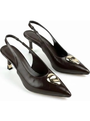 Meril Shoes Kadın Sivri Burun Gold Tokalı Slingback Topuklu Ayakkabı