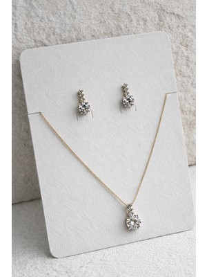 Owentis Çelik Rose Gold Zarif Pırlanta Montür Thalassa Kolye ve Küpe Set -Kararma Yapmaz-