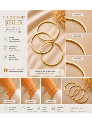 Kase Jewelry Paslanmaz Çelik, Kararma Yapmaz , 3'lü Set Düz Ajda Bilezik
