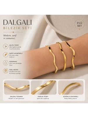 Kase Jewelry  Paslanmaz Çelik, Kararma Yapmaz , Orta Dalgalı, 3'lü Set Ajda Bilezik