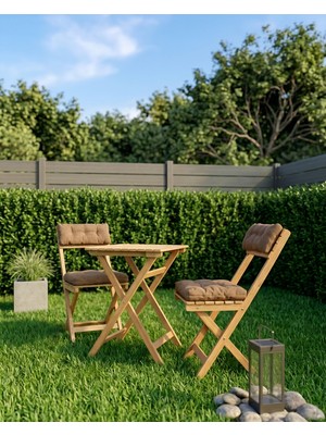 Ardora Home Duo Balkon Bahçe Mutfak Katlanır Masa Bej Rengi Minderli Sandalye Bistro Set