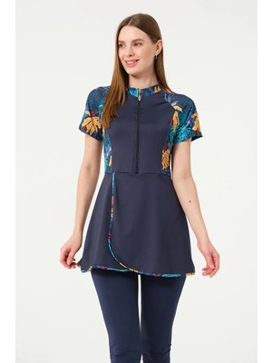 İKSUN Kadın Kısa Kollu Yarı Kapalı Tesettür Mayo Taytlı Boneli Takım Short Arm Swimsuit