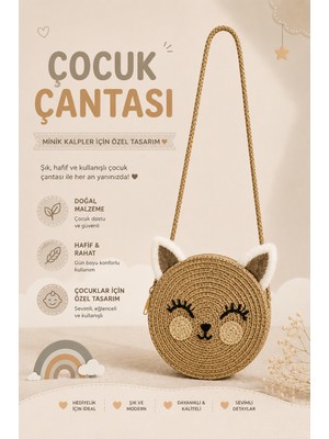 Selvira Kız Çocuk Hasır Kedi Çanta Yuvarlak Omuz Çantası Sevimli Kulaklı Çocuk Çantası Mini Hasır Çapraz Çanta