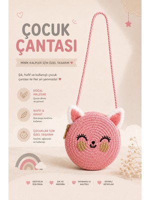 Selvira Kız Çocuk Hasır Kedi Çanta Yuvarlak Omuz Çantası Sevimli Kulaklı Çocuk Çantası Mini Hasır Çapraz Çanta