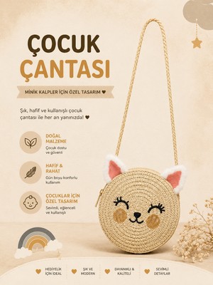Selvira Kız Çocuk Hasır Kedi Çanta Yuvarlak Omuz Çantası Sevimli Kulaklı Çocuk Çantası Mini Hasır Çapraz Çanta