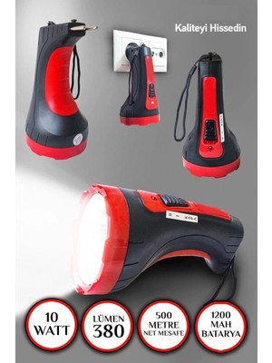 Marsilyan™- Şarjlı 10W Projektör LED El Feneri 2 Mod Aydınlatmalı Uzun Menzil Güvenlik Bekçi Polis Feneri Işıldak