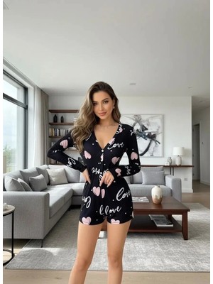 MTM My The Mall Giyim Kadın Siyah Kalp Desenli Love Yazılı Pijama Tulumu Yumuşak Rahat Ev Giyimi Özel Tasarım