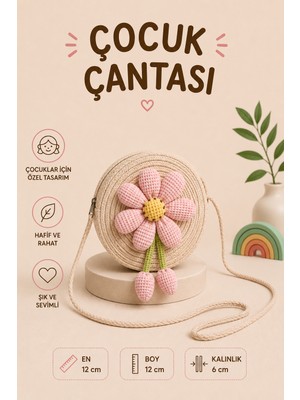 Selvira Kız Çocuk Hasır Çiçekli Çanta Yuvarlak Omuz Çantası Mini Çapraz Askılı Çocuk Çantası
