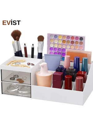 Evist- 2 Çekmeceli + 12 Bölmeli ) Plastik Makyaj & Takı Organizer (12X24CM)