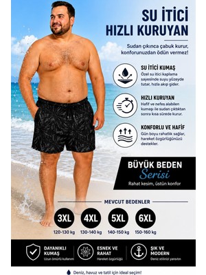 Miami Beach Büyük Beden Su Itici Özellikli Dijital Baskılı Erkek Plaj Deniz Şort Mayo // 412-SIYAH